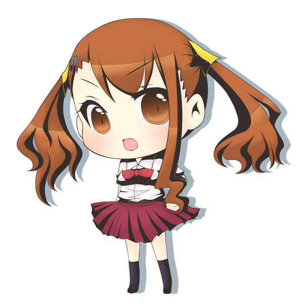 ano_hi_mita_hana_no_namae_wo_bokutachi_wa_mada_shiranai, blush, bow, brown_eyes, brown_hair, chibi, nagamo_sakana, open_mouth, school_uniform, skirt, sleeves_rolled_up, twintails