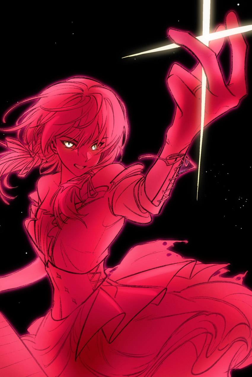 1girl, bang_dream!, bang_dream!_it's_mygo!!!!!, black_background, chinese_commentary, commentary_request, gloves, hero45439083942, highres, light_particles, limited_palette, long_hair, long_sleeves, low_twintails, open_mouth, original, solo, spot_color, togawa_hazuki, twintails, yellow_eyes