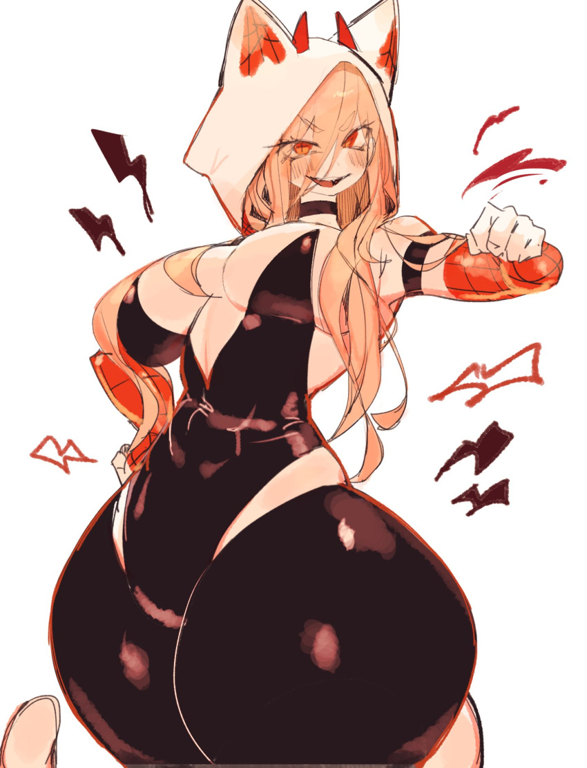 1girl, animal_ears, black_bodysuit, black_choker, blonde_hair, blush, bodysuit, breasts, cat_ears, cat_girl, cat_tail, chainsaw_man, choker, cosplay, cross-shaped_pupils, demon_girl, demon_horns, hand_on_own_hip, highres, hood, horns, large_breasts, long_hair, looking_at_viewer, marvel, power_(chainsaw_man), red_eyes, red_horns, skin_tight, smile, spider-gwen, spider-man:_into_the_spider-verse, spider-man_(series), spider-verse, spider_web_print, symbol-shaped_pupils, tail, thick_thighs, thighs, usa37107692, white_bodysuit, wide_hips