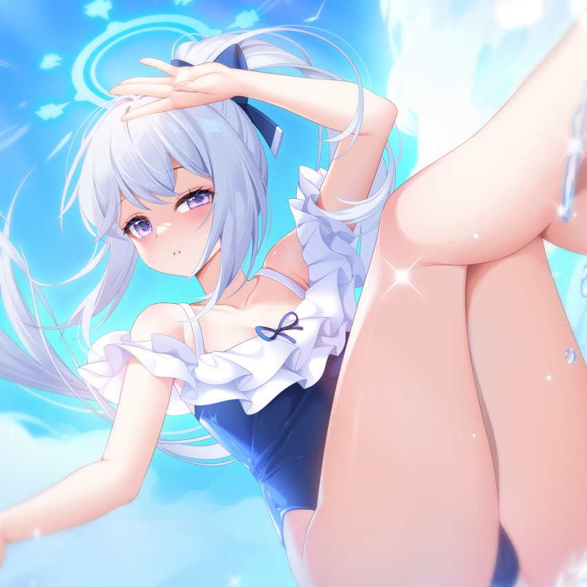 1girl, blue_archive, blue_halo, blue_sky, breasts, day, halo, highres