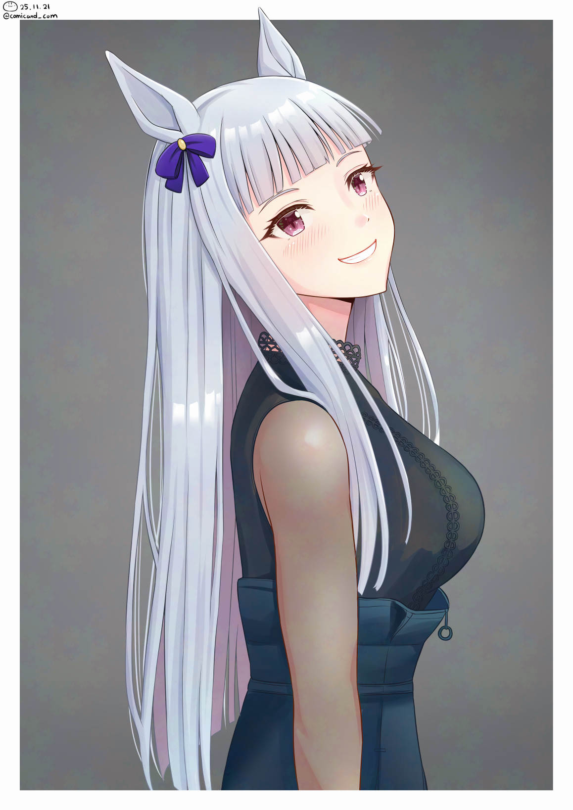 1girl, animal_ears, blunt_bangs, bow, bright_pupils, commentary_request, cosplay, dated