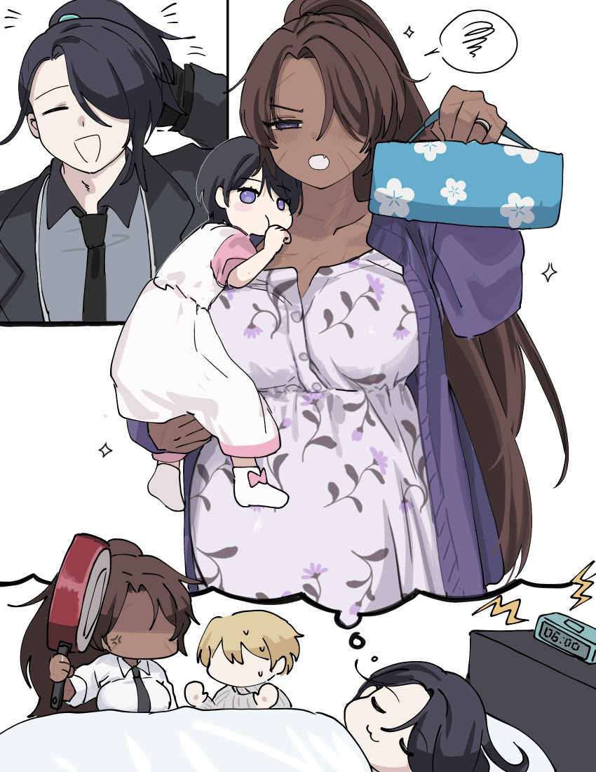 1boy, 2girls, anger_vein, angry, blush, breasts, collarbone, dark-skinned_female