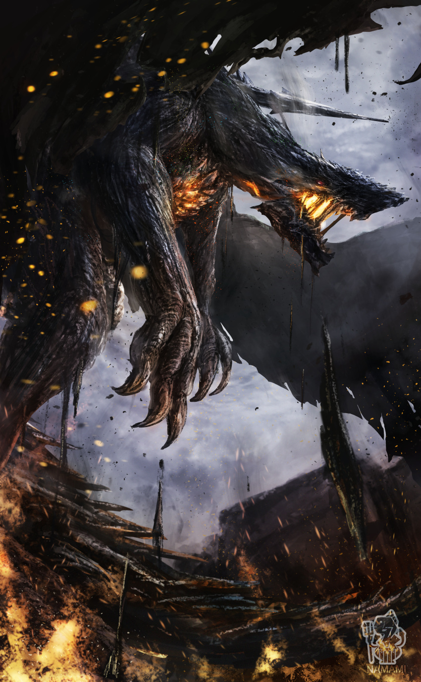 absurdres, claws, dragon, dragon_wings, fire, glowing, glowing_eyes, gogmazios