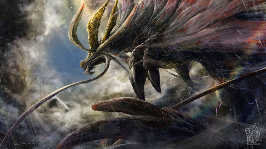 absurdres, amatsumagatsuchi, brown_claws, clouds, dragon, dragon_horns, fins, gradient_scales