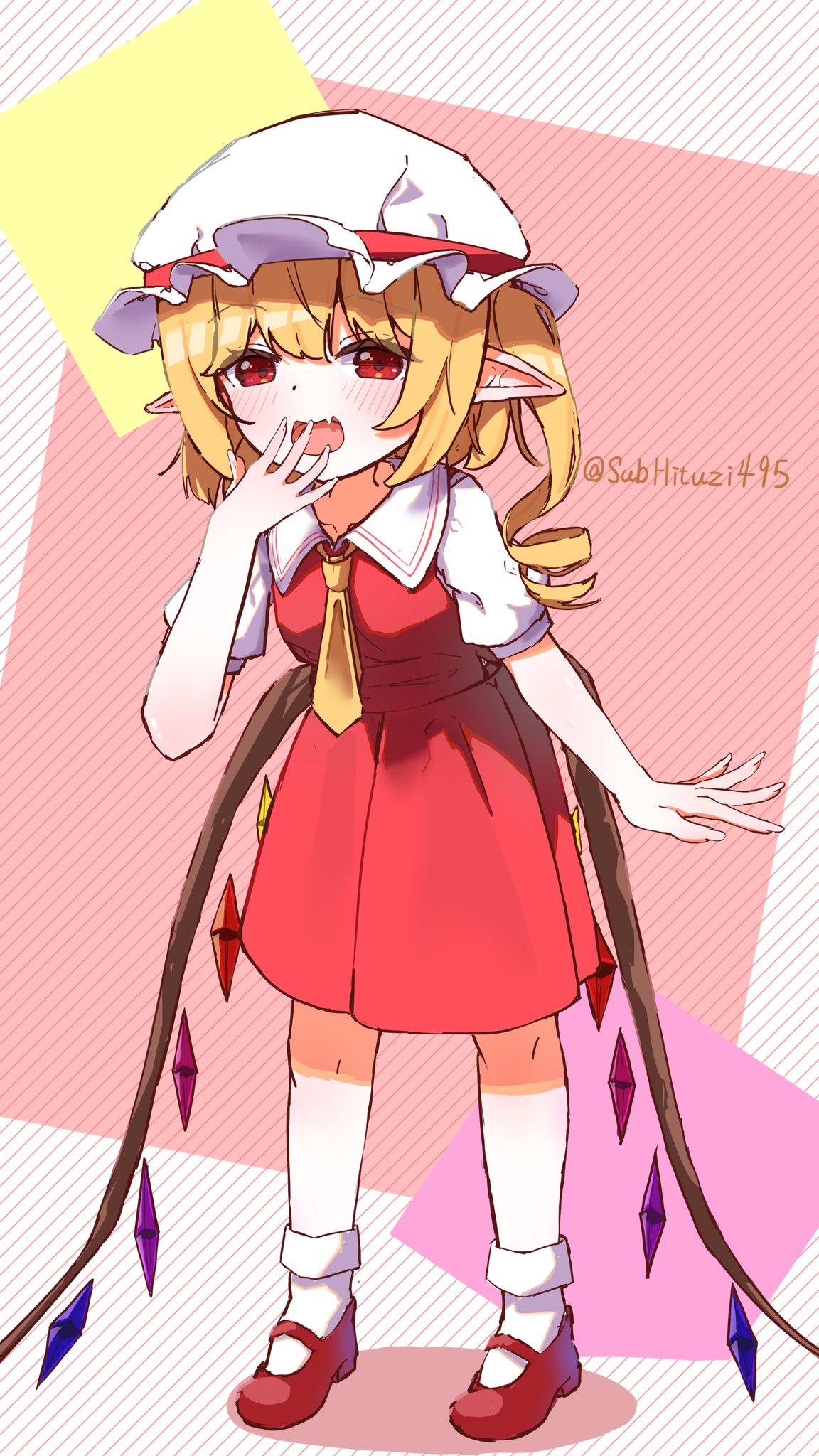 1girl, blonde_hair, blush, collared_shirt, commentary_request, crystal, crystal_wings, fang