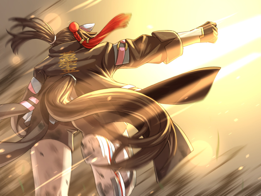 1girl, animal_ears, black_coat, black_gloves, black_hair, black_jacket, black_shorts, clenched_hand, coat, commentary_request, ear_covers, from_behind, gloves, hair_ornament, horse_ears, horse_girl, horse_tail, jacket, japan_cup, katsuragi_ace_(dragon_rising_to_the_top)_(umamusume), katsuragi_ace_(umamusume), long_hair, long_sleeves, multicolored_hair, peeta, ponytail, shirt, shorts, solo, streaked_hair, tail, tassel, tassel_hair_ornament, textless_version, umamusume