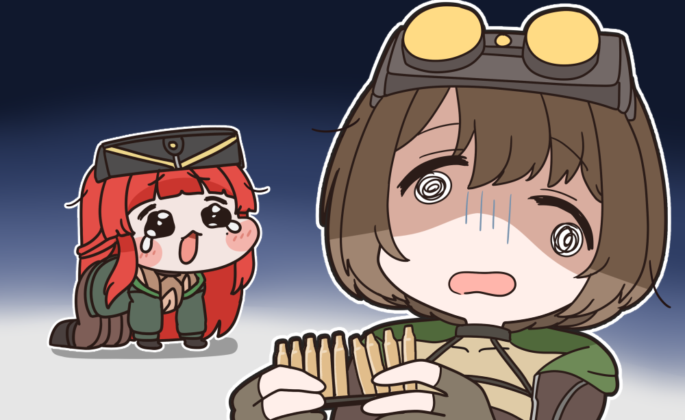 2girls, ammunition, black_bodysuit, blunt_bangs, bodysuit, bomber_jacket, brown_hair, brownie_(last_origin)