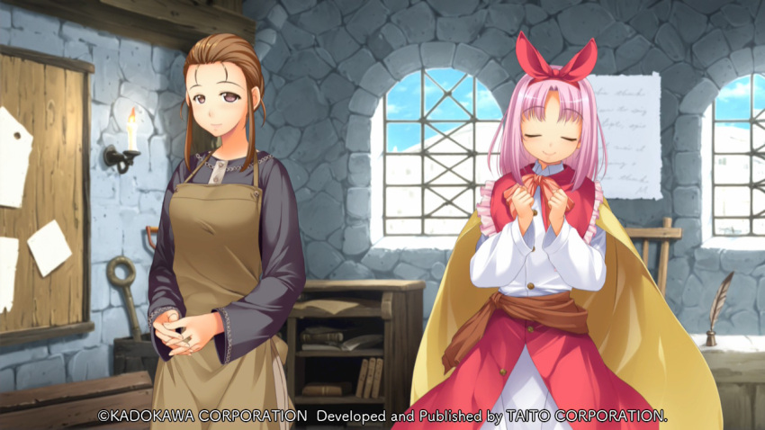 apron, arisa_astia, ascot, atelier-moo, blush, breasts, brown_apron, brown_eyes, brown_hair, brown_sash, brown_skirt, candle, capelet, child, clenched_hands, closed_eyes, closed_mouth, collared_shirt, company_name, copyright_notice, cowboy_shot, curtained_hair, day, flat_chest, frills, game_cg, grey_shirt, hair_bun, hairband, hands_on_own_chest, hands_up, indoors, large_variant_set, laura_newfield, long_hair, long_skirt, long_sleeves, looking_at_viewer, mature_female, medium_breasts, non-web_source, official_art, parted_bangs, pink_ascot, pink_hair, red_capelet, red_hairband, ribbon, sash, shirt, side-by-side, sidelocks, skirt, smile, standing, stone_wall, tareme, variant_set, white_shirt, window, yuukyuu_gensoukyoku, yuukyuu_gensoukyoku_revival