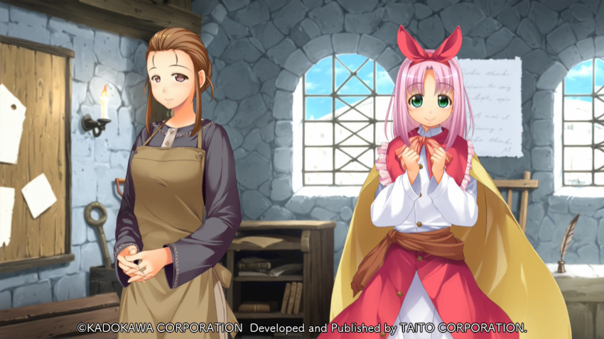 2girls, apron, arisa_astia, ascot, atelier-moo, blush, breasts, brown_apron, brown_eyes, brown_hair, brown_sash, brown_skirt, candle, capelet, child, clenched_hands, closed_mouth, collared_shirt, company_name, copyright_notice, cowboy_shot, curtained_hair, day, flat_chest, frills, game_cg, green_eyes, grey_shirt, hair_bun, hairband, hands_on_own_chest, hands_up, indoors, large_variant_set, laura_newfield, long_hair, long_skirt, long_sleeves, looking_at_viewer, mature_female, medium_breasts, multiple_girls, non-web_source, official_art, parted_bangs, pink_ascot, pink_hair, red_capelet, red_hairband, ribbon, sash, shirt, side-by-side, sidelocks, skirt, smile, standing, stone_wall, tareme, variant_set, white_shirt, window, yuukyuu_gensoukyoku, yuukyuu_gensoukyoku_revival