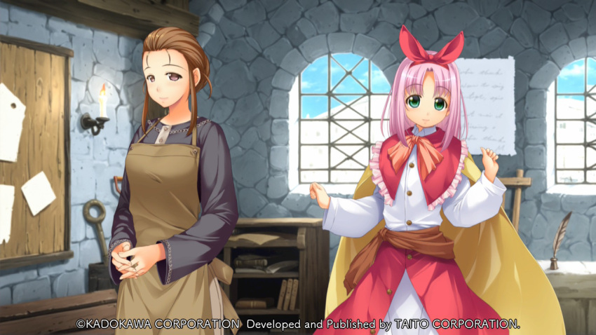 2girls, apron, arisa_astia, ascot, atelier-moo, blush, breasts, brown_apron
