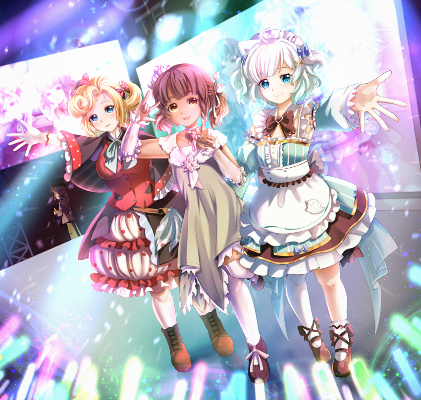 3girls, ahoge, apron, blonde_hair, blue_eyes, brown_eyes, brown_hair, dark-skinned_female