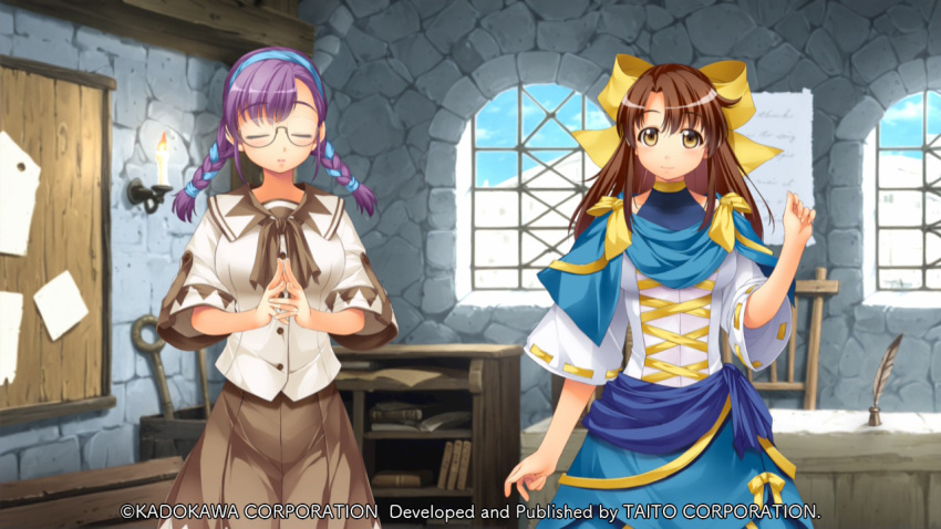 2girls, atelier-moo, blue_capelet, blue_leotard, blue_sash, blue_skirt, bow, braid