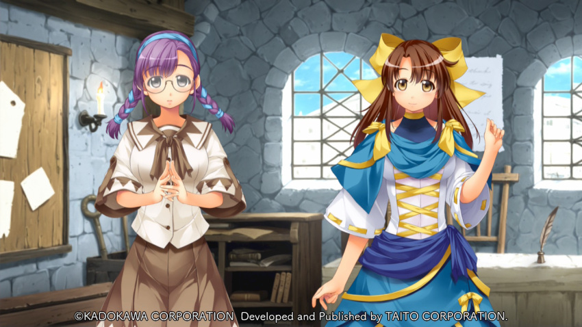 2girls, atelier-moo, blue_capelet, blue_leotard, blue_sash, blue_skirt, bow, braid
