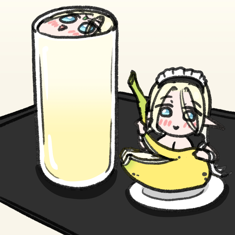 1girl, alternate_costume, banana, blonde_hair, blue_eyes, cerestia_of_life, chibi, clooliss