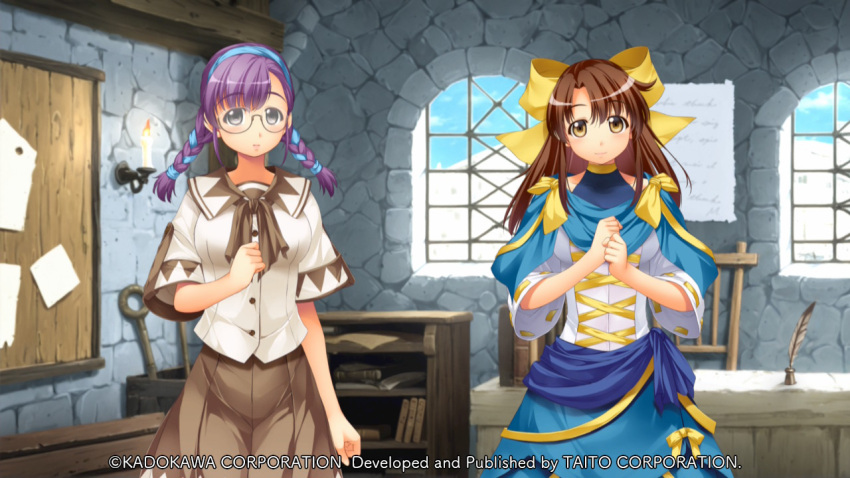 2girls, atelier-moo, blue_capelet, blue_leotard, blue_sash, blue_skirt, bow, braid