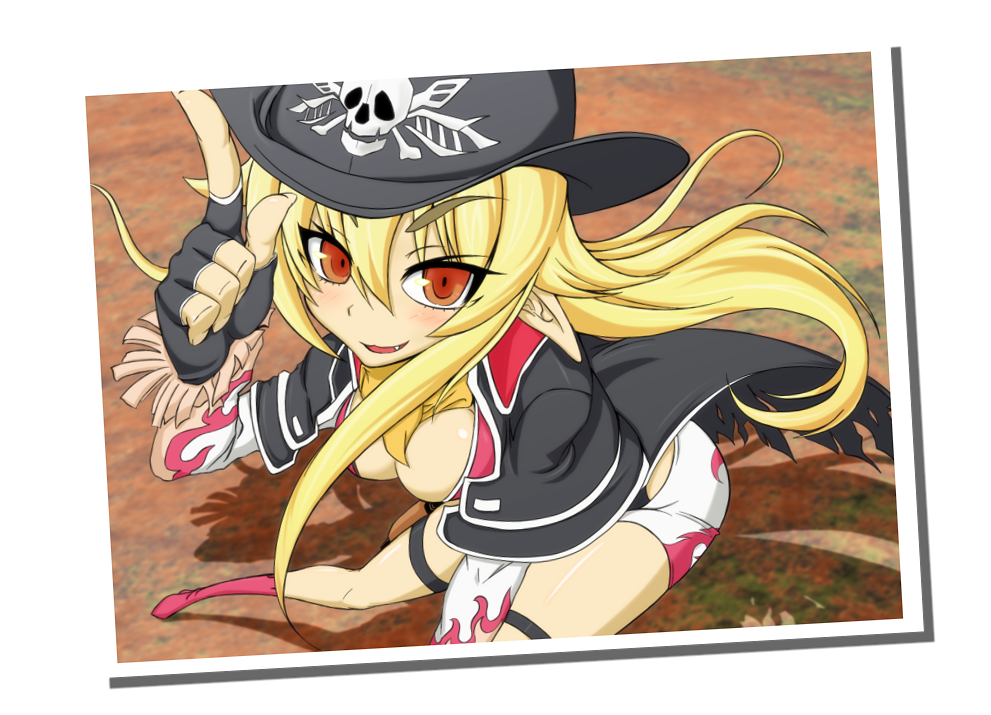 blonde_hair, breasts, cleavage, cosplay, donne_anonime, donne_anonime_(cosplay), fang, fingerless_gloves, foreshortening, gloves, hat, jacket, long_hair, nitroplus, nonoke-alternative, photo_(object), pointy_ears, red_eyes, short_shorts, shorts, solo, soukou_akki_muramasa, thigh_strap, tsuzuki_satsuriku_no_jango