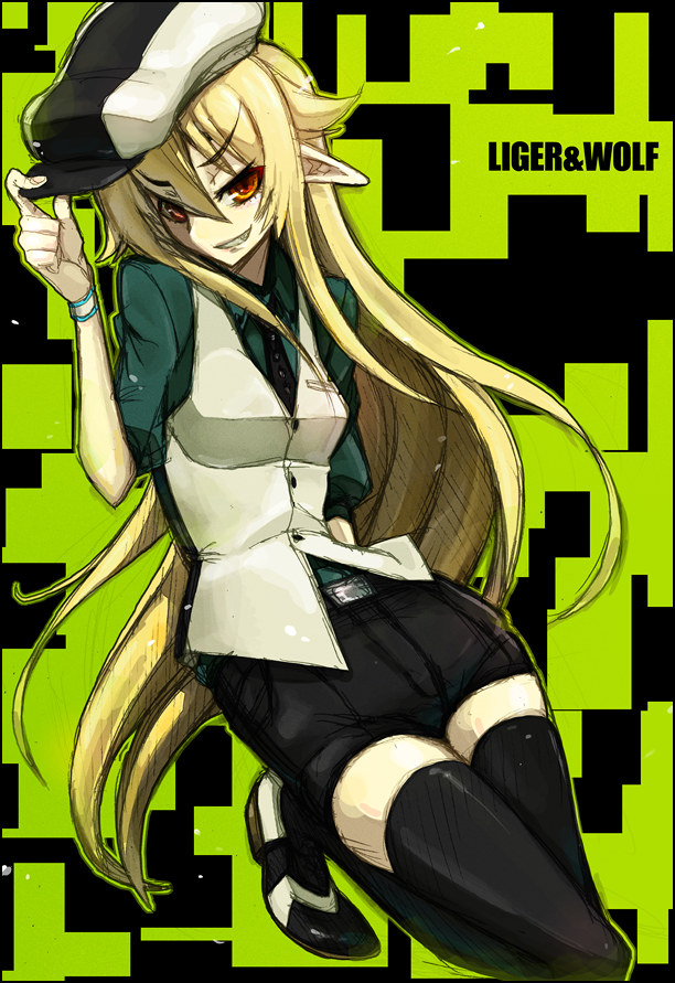 adjusting_hat, ashikaga_chachamaru, black_legwear, blonde_hair, cabbie_hat, cosplay, dougan_calpis_con, hat