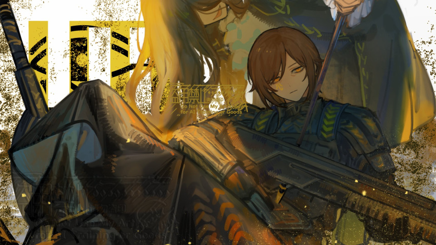 2girls, armor, black_armor, black_cape, black_coat, black_gloves, black_pants, brown_hair, cape, closed_mouth, coat, dias_(the_distortion_detective), eye_of_horus, frilled_sleeves, frills, gloves, gun, highres, holding, holding_gun, holding_weapon, limbus_company, long_hair, multiple_girls, nishikujic, open_mouth, orange_eyes, outis_(project_moon), pants, project_moon, smile, the_distortion_detective, weapon