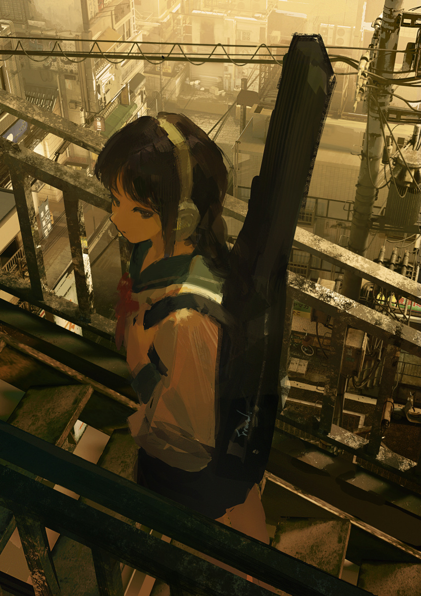 1girl, absurdres, bicycle, billboard, black_eyes, black_hair, black_skirt, building, city, cityscape, commentary_request, day, expressionless, from_above, from_side, golden_hour, guard_rail, guitar_case, headphones, high_up, highres, instrument_case, long_hair, long_sleeves, miniskirt, motor_vehicle, neckerchief, on_stairs, original, outdoors, power_lines, red_neckerchief, sailor_collar, scenery, school_uniform, scooter, serafuku, shirt, shutter_shades, skirt, solo, stairs, urban, white_shirt, zzz_(orchid-dale)