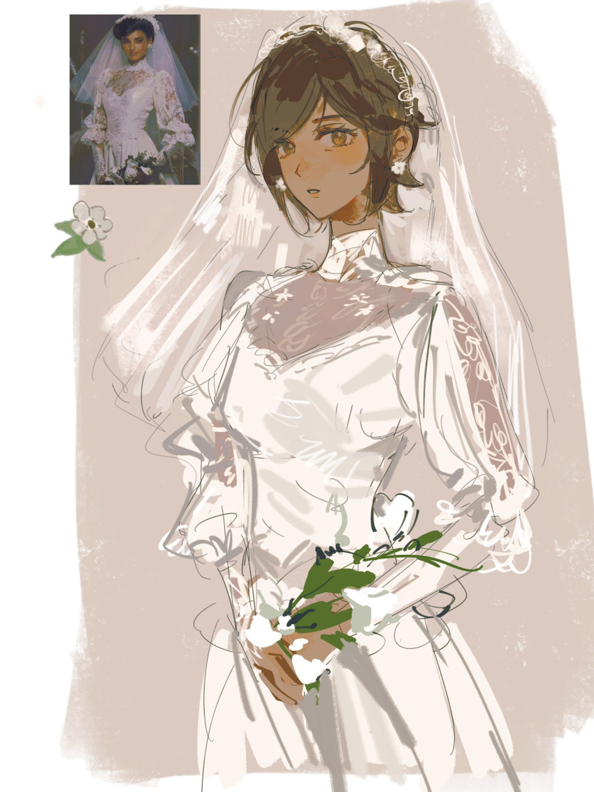 1girl, bridal_veil, bride, commentary, cowboy_shot, dark-skinned_female, dark_skin, dress, earrings, flower, flower_earrings, highres, holding, holding_flower, jewelry, lace, lace_sleeves, limbus_company, long_sleeves, looking_at_viewer, outis_(project_moon), project_moon, puffy_long_sleeves, puffy_sleeves, solo, strawbutann, symbol-only_commentary, veil, wedding_dress, white_dress, white_flower, white_veil