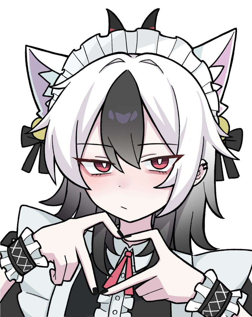 1girl, animal_ears, black_hair, black_hole-shaped_pupils, black_horns, blue_archive, bright_pupils, cat_ears, closed_mouth, commentary_request, four-finger_heart_hands, hair_between_eyes, heart, heart_hands, highres, horns, kayoko_(blue_archive), looking_at_viewer, maid, maid_headdress, multicolored_hair, nyanzai-sensei, portrait, red_eyes, simple_background, solo, two-tone_hair, white_background, white_hair, white_pupils