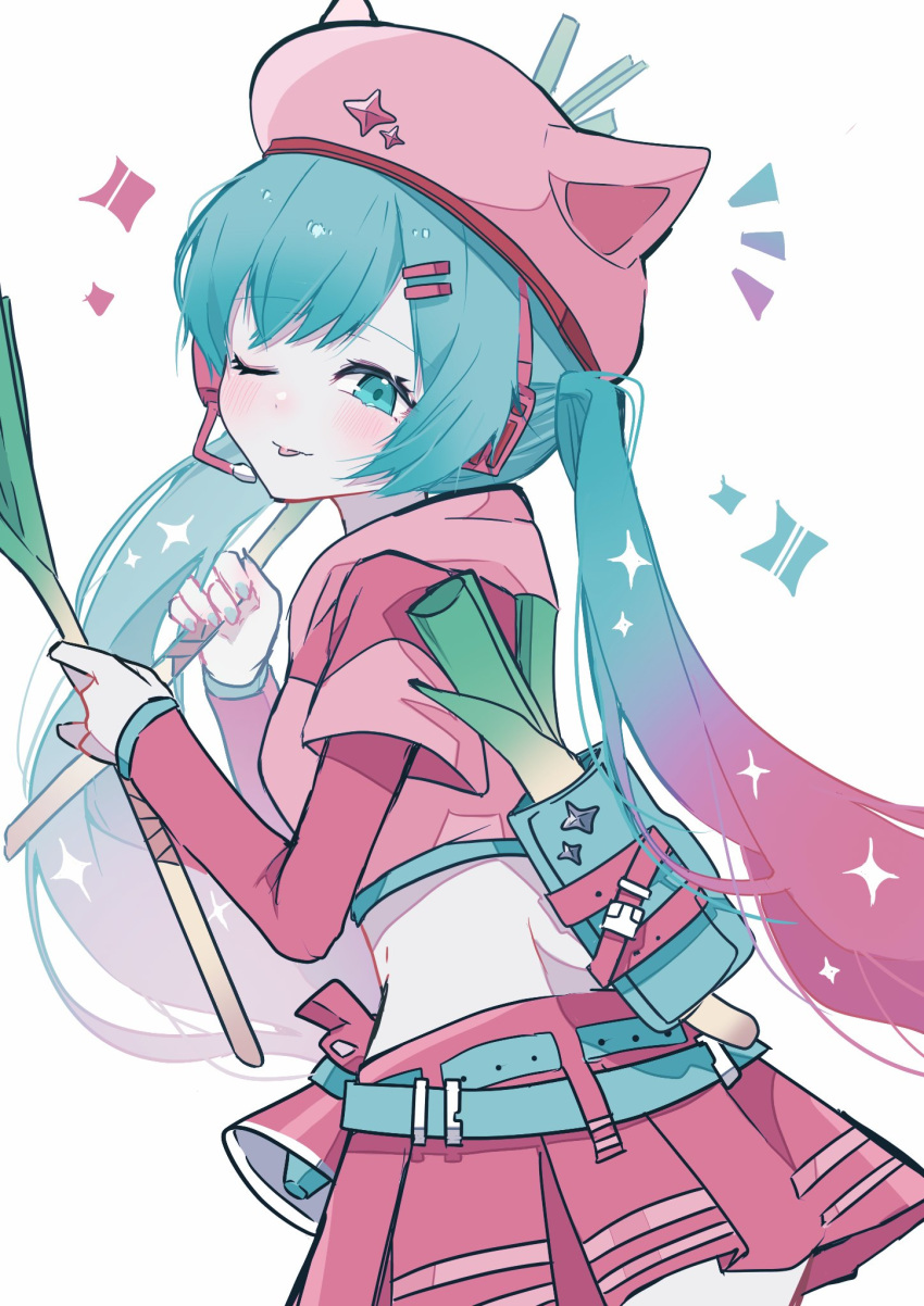 1girl, ;p, animal_hat, aqua_bag, aqua_belt, aqua_eyes, aqua_hair, aqua_nails