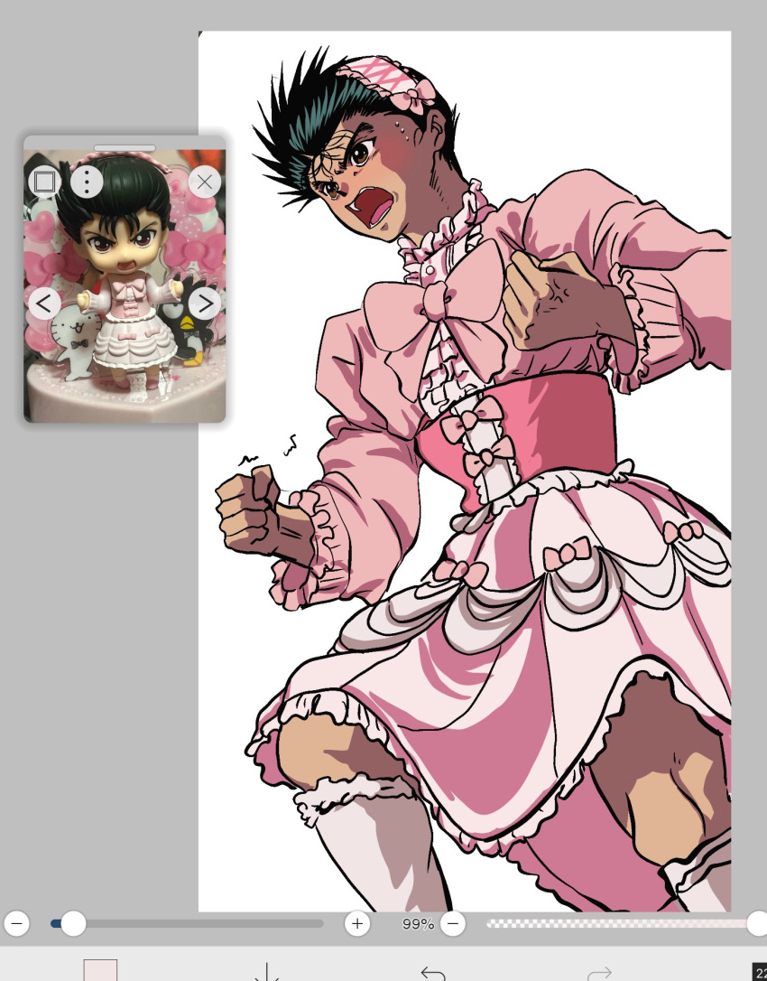 1boy, anger_vein, art_program_in_frame, black_hair, blush, bow, center_frills, clenched_hand