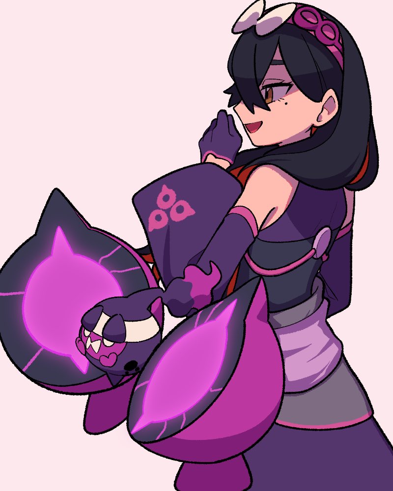 1girl, black_hair, bow, carmine_(pokemon), carmine_(sygna_suit)_(pokemon), commentary_request, crossed_bangs, detached_sleeves