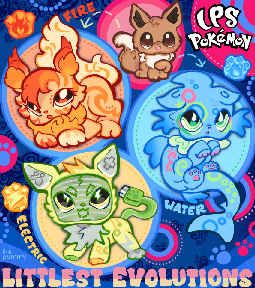 blue_fur, brown_fur, cable, commentary, crt, eevee, electricity, english_commentary, english_text, fins, fire, fish_tail, flareon, glowsu, highres, jolteon, littlest_pet_shop, no_humans, object_head, orange_fur, pokemon, shark_tail, signature, tail, vaporeon, water, yellow_fur
