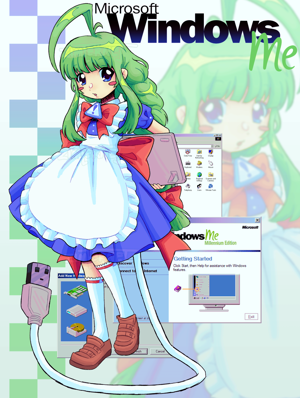 1girl, 2000s_(style), ahoge, apron, blue_dress, blue_eyes, bow, braid
