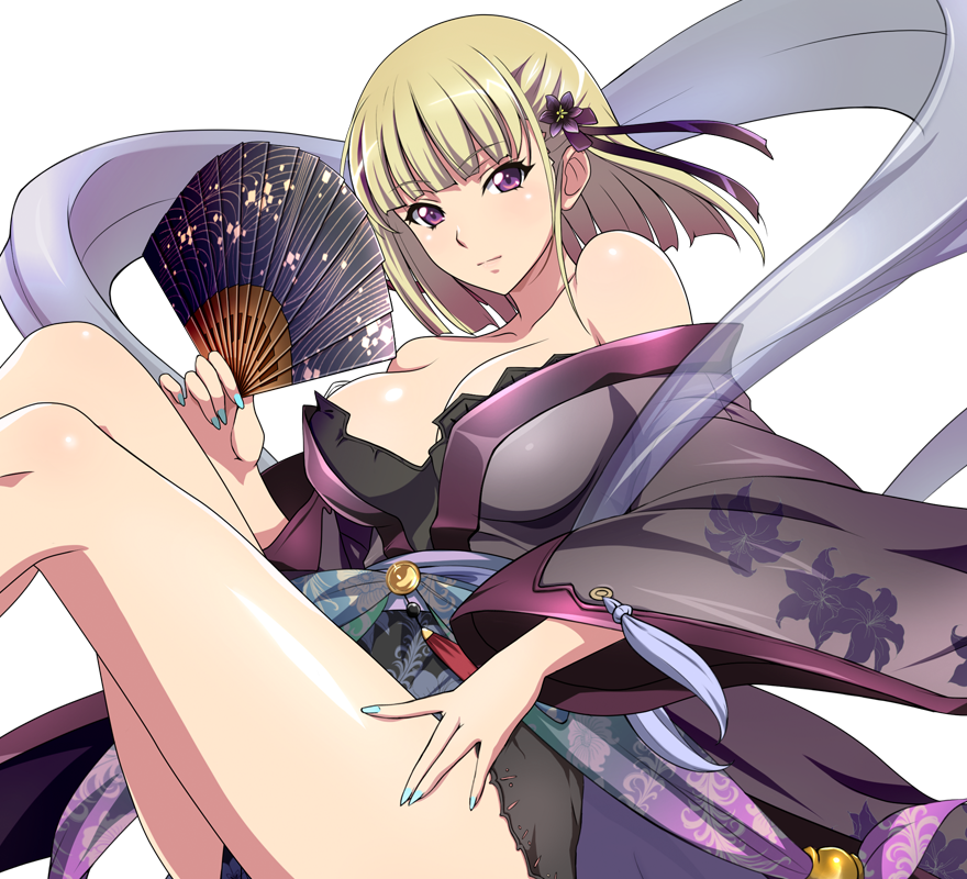 blonde_hair, breasts, hair_ornament, ikkitousen, japanese_clothes, kimono, kuroyuri, large_breasts