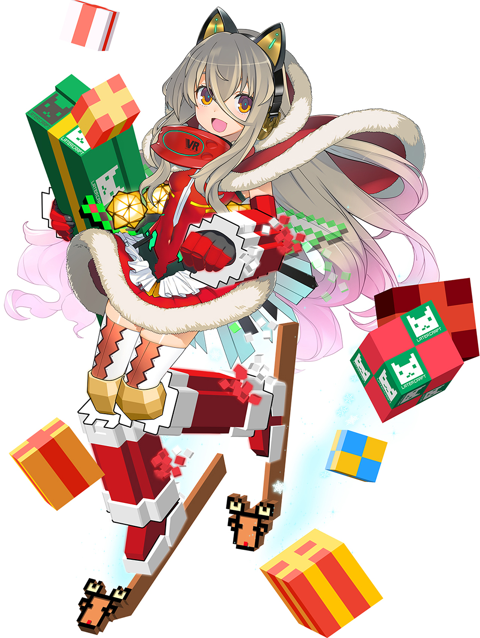 1girl, :d, animal_ear_headphones, animal_ears, boots, breasts, cat_ear_headphones, cat_ears, choukou_(alicesoft), choukou_taisen_escalation_heroines, cloak, covered_navel, dress, fake_animal_ears, full_body, fur_trim, gift, hakoishi_haru, headphones, highres, holding, holding_gift, hood, hooded_cloak, looking_at_viewer, official_art, open_mouth, orion_(orionproject), pixelated, procmiel, red_boots, red_cloak, red_dress, skiing, small_breasts, smile, solo