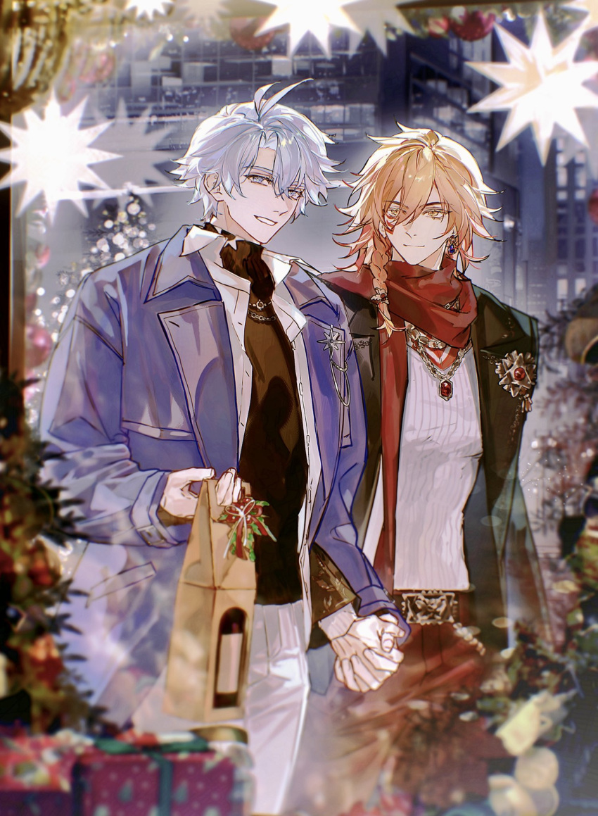 2boys, alternate_costume, antenna_hair, arm_tattoo, black_coat, black_sweater, blonde_hair, blue_coat