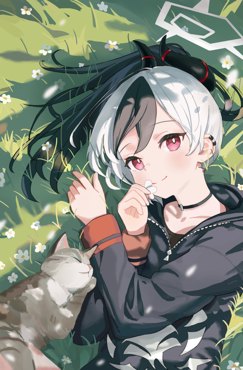 1girl, absurdres, ankry, black_choker, black_hair, black_hoodie, black_horns, blue_archive