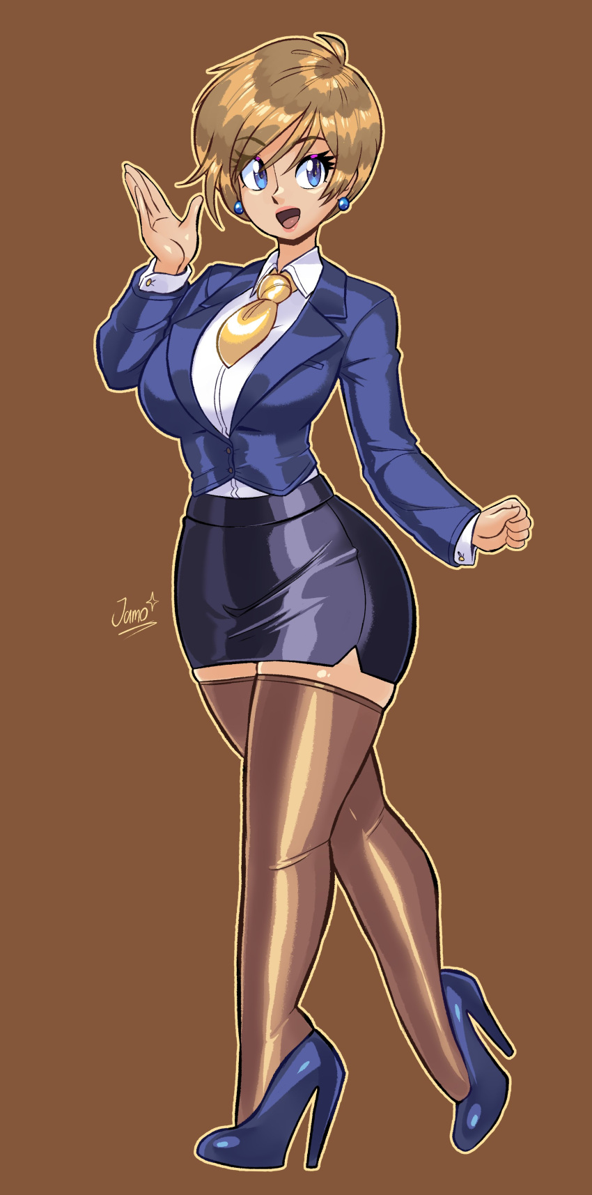 1girl, :d, absurdres, asymmetrical_hair, blonde_hair, blue_eyes, blue_jacket, blue_shoes, blue_skirt, breasts, brown_background, commentary, earrings, english_commentary, full_body, high_heels, highres, jacket, jamoart, jewelry, large_breasts, long_sleeves, looking_at_viewer, open_mouth, pencil_skirt, pixie_cut, shirt, shoes, short_hair, signature, simple_background, skirt, smile, solo, sonic_(series), sonic_x, suit, thigh-highs, tongue, topaz_(sonic_x), white_shirt
