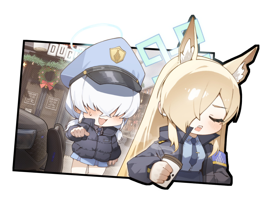 2girls, absurdres, animal_ear_fluff, animal_ears, armband, blonde_hair, blue_archive, blue_halo