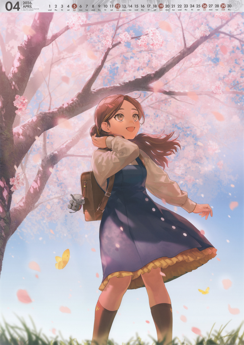 1girl, absurdres, april, backpack, bag, black_dress, brown_eyes, brown_hair