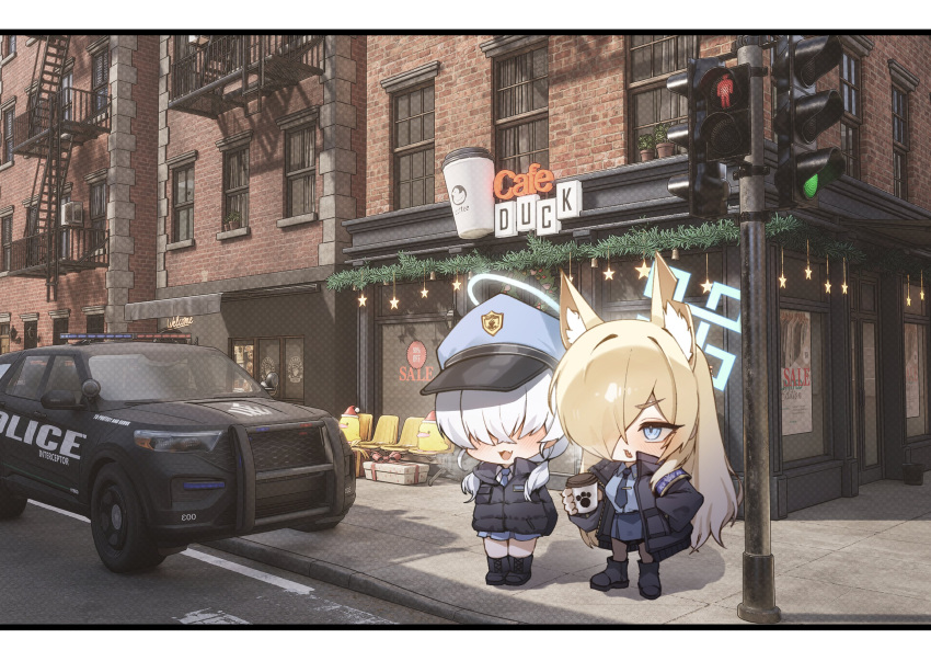2girls, animal_ear_fluff, animal_ears, armband, blonde_hair, blue_archive, blue_eyes, blue_halo