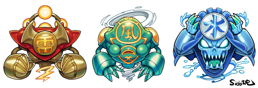 aerokinesis, aqua_eyes, chibi, chibi_only, claws, colored_tongue, commentary_request, duel_monster, green_tongue, highres, hydrokinesis, kazejin, no_humans, open_mouth, sanga_of_the_thunder, sido_(slipknot), signature, simple_background, suijin, tagme, water, white_background, wind, yu-gi-oh!