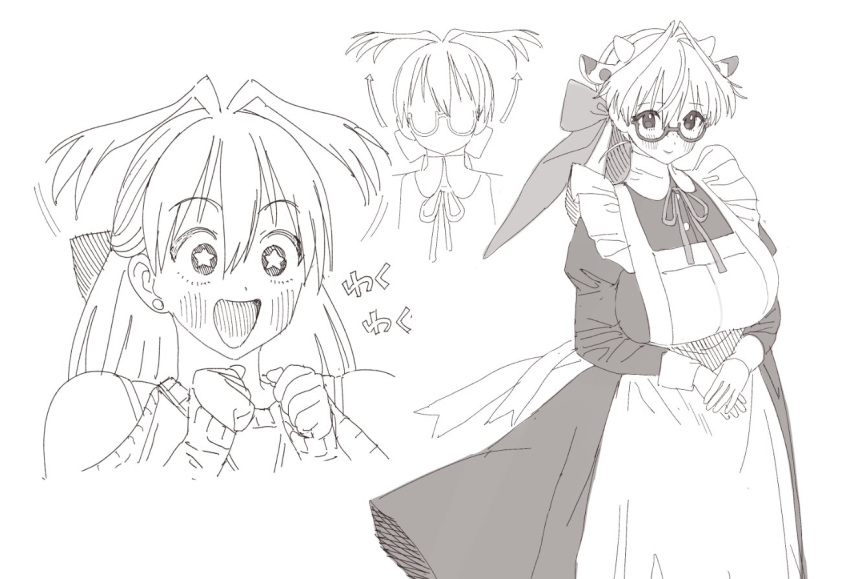 1girl, animal_ear_hairband, animal_ears, apron, arrow_(symbol), blush, breasts, catherine_(conto)