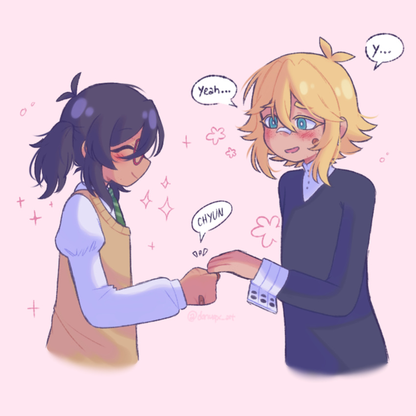 1boy, 1girl, antenna_hair, bandaid, bandaid_on_cheek, bandaid_on_face, bandaid_on_finger, bandaid_on_hand