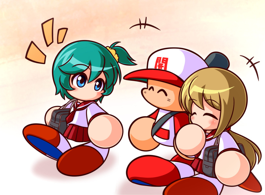 +++, 1boy, 2girls, asouuuu, bag, baseball_cap, baseball_uniform, blonde_hair