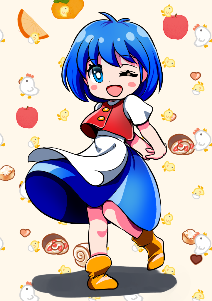 1girl, ;d, apple, apron, arms_behind_back, baby_animal, bird, blue_eyes