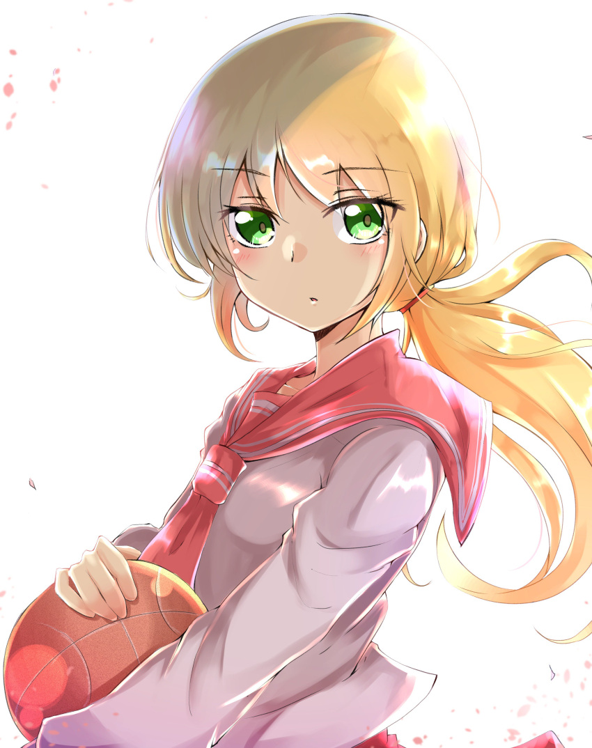 1girl, absurdres, ball, basketball_(object), blonde_hair, commentary_request, green_eyes, highres