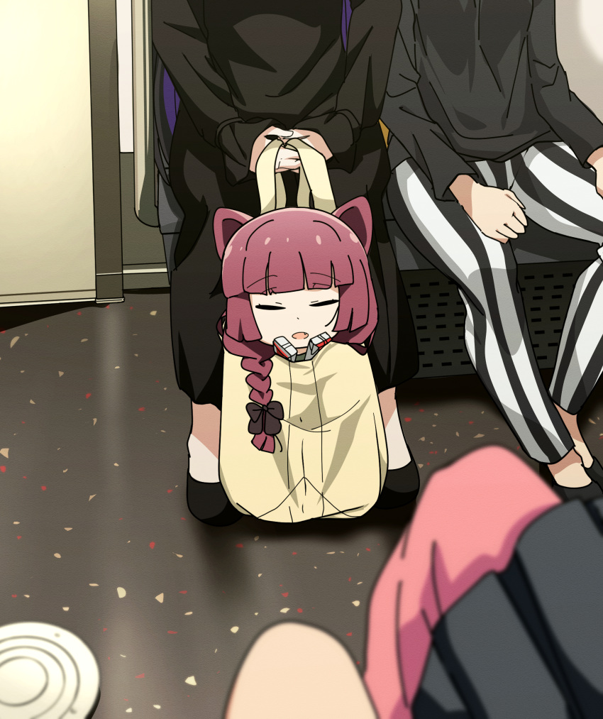 5girls, absurdres, alcohol_carton, animal_ears, bag, between_legs, black_dress, black_shirt