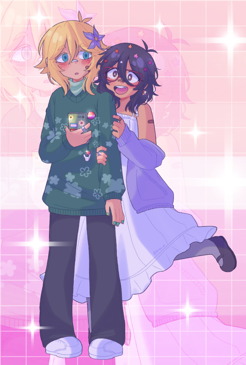 +_+, 2girls, alternate_costume, alternate_skin_color, antenna_hair, bandaid, bandaid_on_arm, bandaid_on_finger