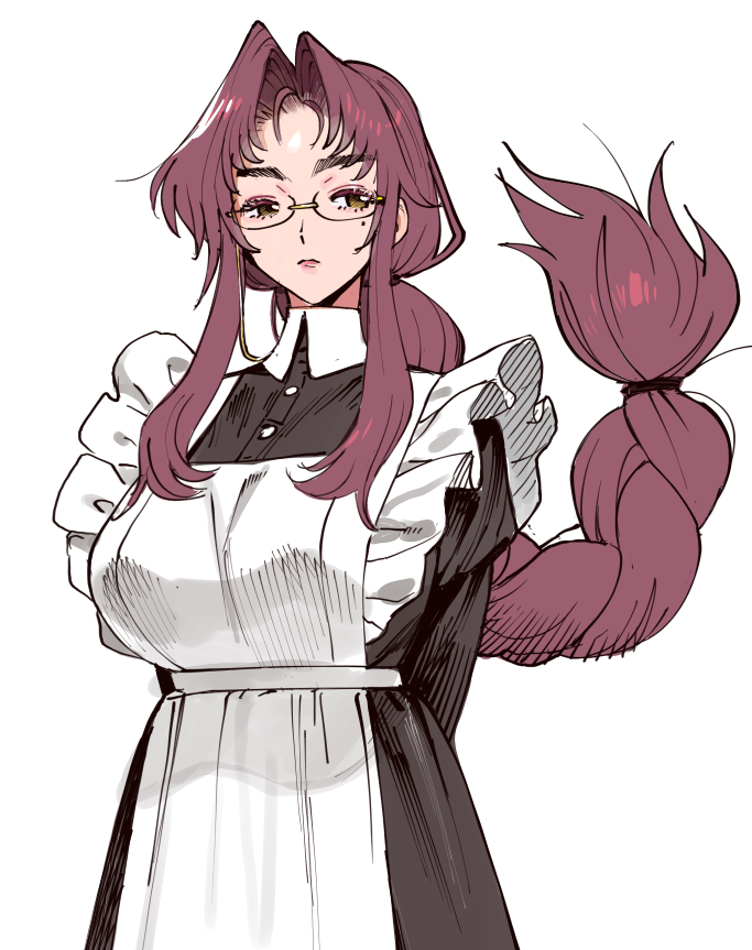 1girl, apron, arms_behind_back, black_dress, braid, braided_ponytail, breasts, conto, curtained_hair, dress, expressionless, eyelashes, franchesca_(conto), frilled_apron, frills, glasses, hashtag-only_commentary, juliet_sleeves, large_breasts, lipstick, long_hair, long_sidelocks, long_sleeves, low_ponytail, maid, maid_apron, makeup, mole, mole_under_eye, original, parted_bangs, ponytail, puffy_sleeves, red_hair, semi-rimless_eyewear, sidelocks, solo, under-rim_eyewear, upper_body, very_long_hair, very_long_sidelocks, yellow-framed_eyewear, yellow_eyes