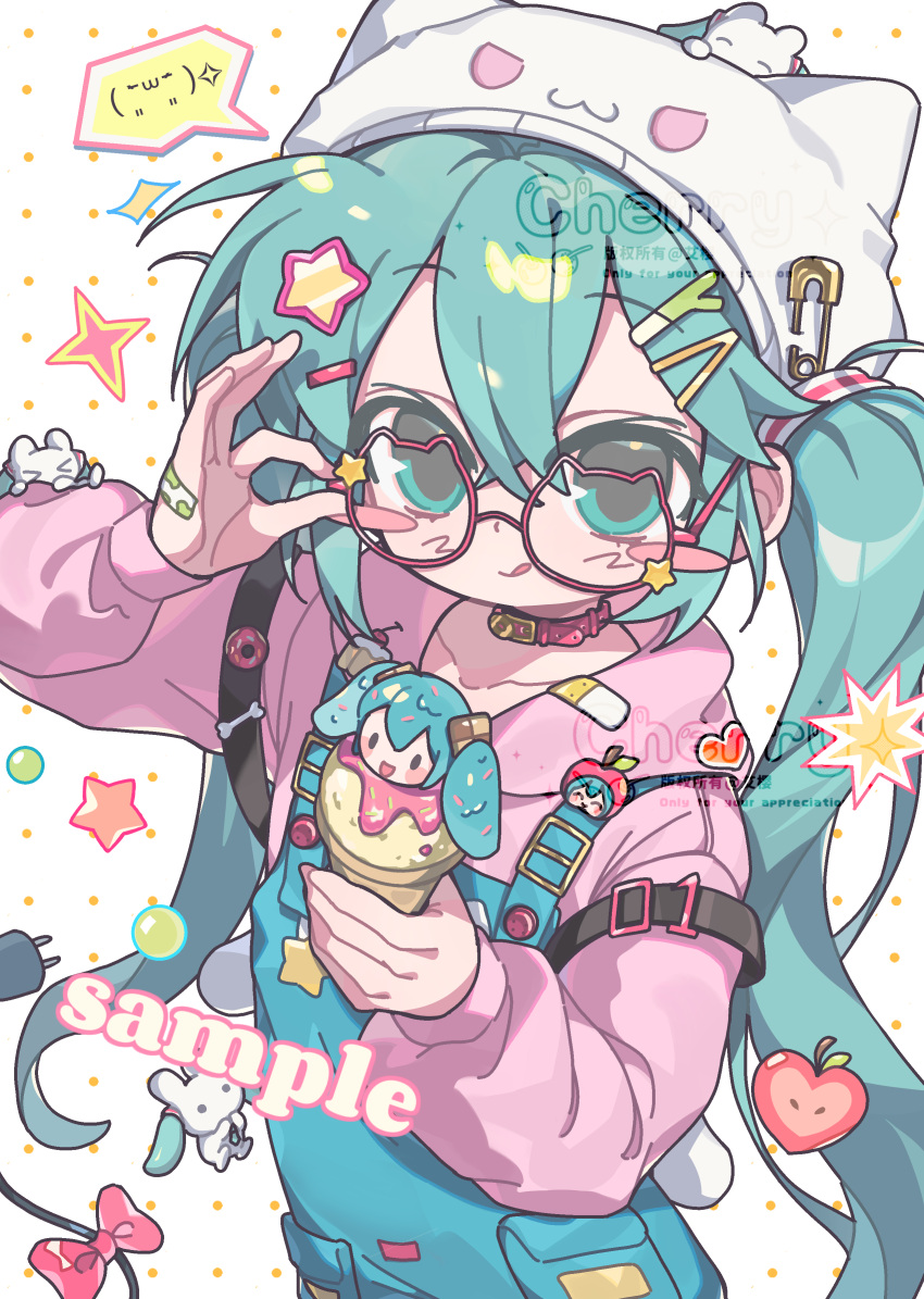 1girl, :q, absurdres, adjusting_eyewear, ai_ying_ying_ying_ying, alternate_costume, animal_ear_headwear, animal_ears, apple, bandaid, bandaid_on_clothes, bandaid_on_hand, beanie, belt_collar, blue_eyes, blue_hair, blue_overalls, blush_stickers, bone_ornament, bow, cat-shaped_eyewear, cat_ears, character-themed_food, checkerboard_cookie, chinese_commentary, closed_mouth, collar, commentary_request, cookie, doughnut, electric_plug, electric_plug_tail, emoticon, eyeliner, fake_animal_ears, food, food-themed_hair_ornament, food-themed_ornament, fruit, glasses, hair_between_eyes, hair_ornament, hairclip, hat, hatsune_miku, highres, holding, holding_food, holding_ice_cream, hood, hood_down, hoodie, ice_cream, kaomoji, long_hair, long_sleeves, looking_at_viewer, makeup, overalls, pink_bow, pink_collar, pink_eyeliner, pink_hoodie, polka_dot, polka_dot_background, rabbit, safety_pin, sample_watermark, simple_background, smile, solo, sparkle, speech_bubble, spoken_expression, spring_onion, sprinkles, star_(symbol), star_hair_ornament, star_ornament, tail, tail_bow, tail_ornament, tongue, tongue_out, twintails, upper_body, very_long_hair, vocaloid, watermark, white_background, white_hat