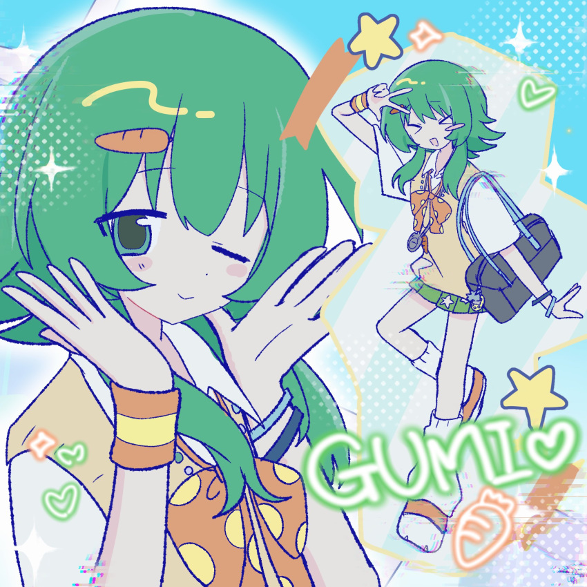 1girl, arm_up, bag, blush, bow, bowtie, bracelet, carrot_hair_ornament, character_name, collared_shirt, food-themed_hair_ornament, green_eyes, green_hair, green_skirt, gumi, hair_between_eyes, hair_ornament, hands_framing_own_cheeks, heart, heisei_retro, highres, i_can't_wait_(synthesizer_v), jewelry, loose_socks, necklace, one_eye_closed, orange_bow, orange_bowtie, orange_shoes, pleated_skirt, polka_dot, polka_dot_bow, projected_inset, shirt, shoes, short_sleeves, shoulder_bag, skirt, smile, sneakers, socks, solo, star_(symbol), star_print, tamagotchi, tamagotchi_(classic), v, vest, vocaloid, white_shirt, white_socks, wristband, yellow_vest, yukino_(yuki_08no)