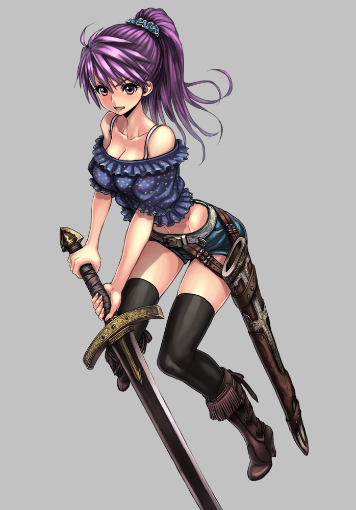 bare_shoulders, black_legwear, boots, breasts, brown_eyes, cleavage, green_eyes, grey_background, long_hair, midriff, open_mouth, original, ponytail, purple_hair, sheath, short_shorts, shorts, simple_background, smile, solo, sword, thigh-highs, thighhighs, weapon, yapo